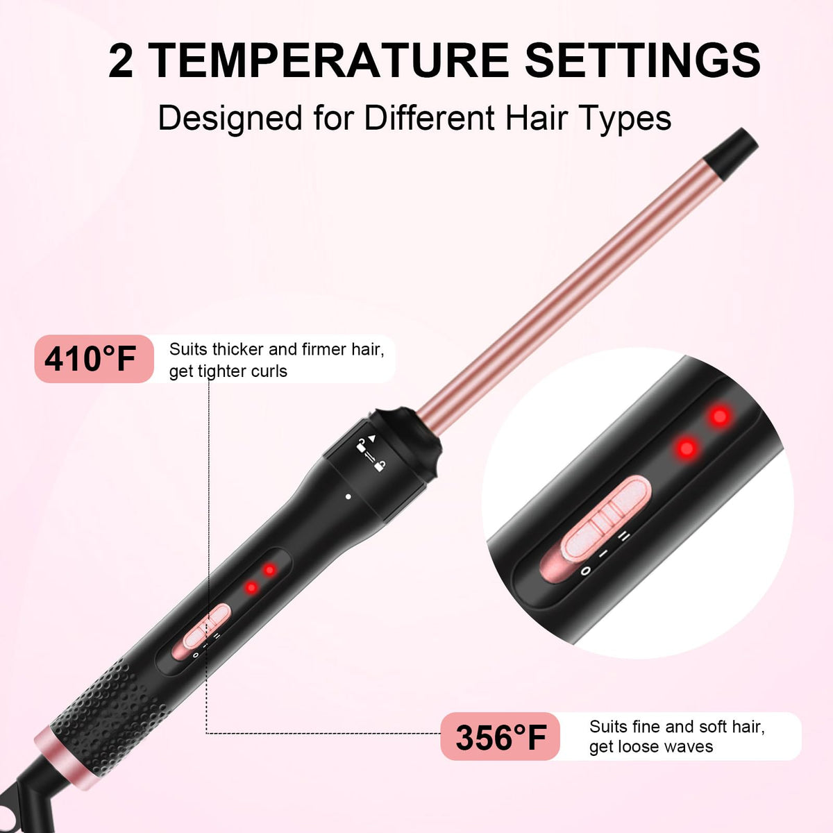Vnina 1/2 Inch Curling Iron showing temperature settings