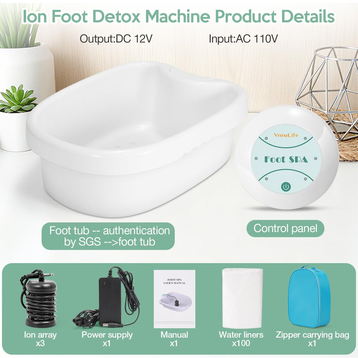 VnioLife Ionic Foot Bath Detox Machine with disposable basin liners