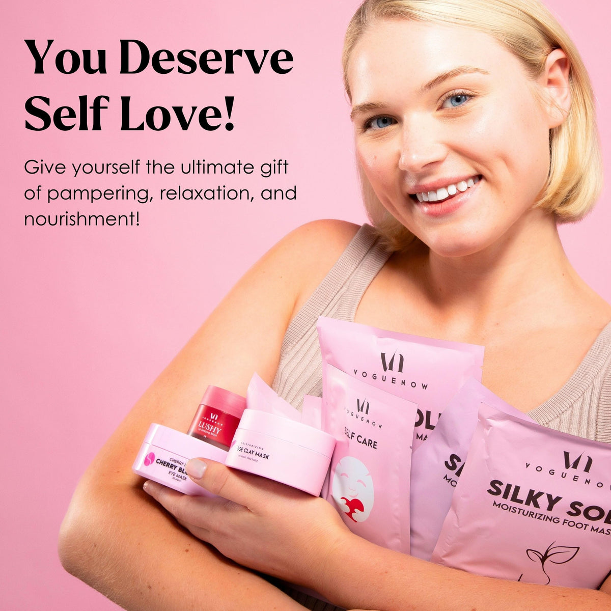 VogueNow Self Care Spa Kit displayed on a bathroom counter