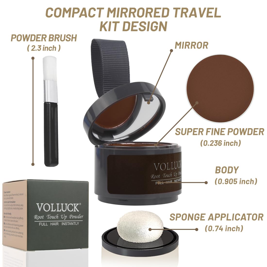VOLLUCK Root Touch Up Powder Hazel Brown compact with mirror