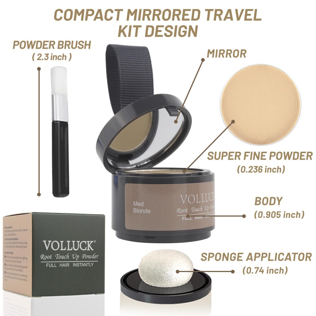VOLLUCK Root Touch Up Powder Medium Blonde with applicator and mirror