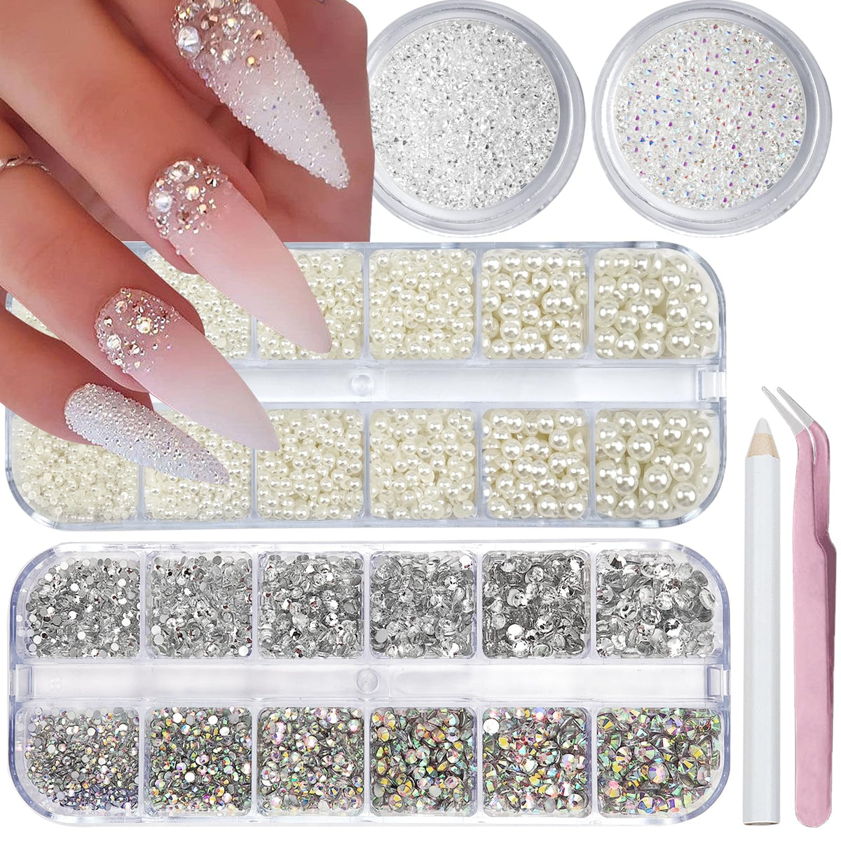VOTACOS Flatback Nail Pearls and Rhinestones set front view