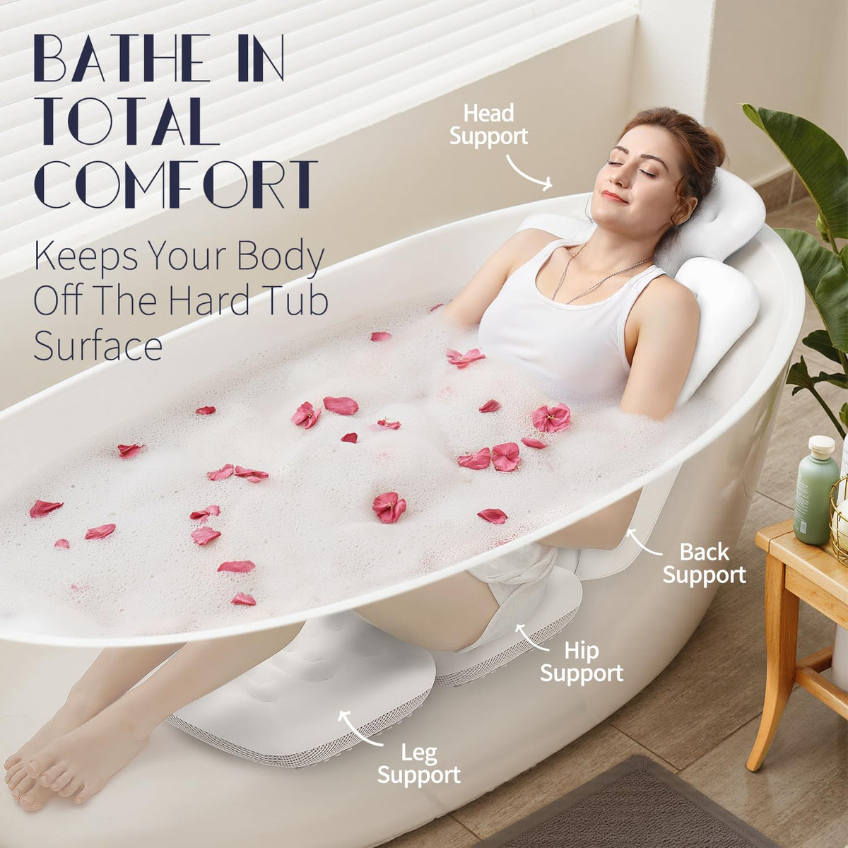 VOXOR Full Body Bath Pillow with suction cups attached to a smooth bathtub