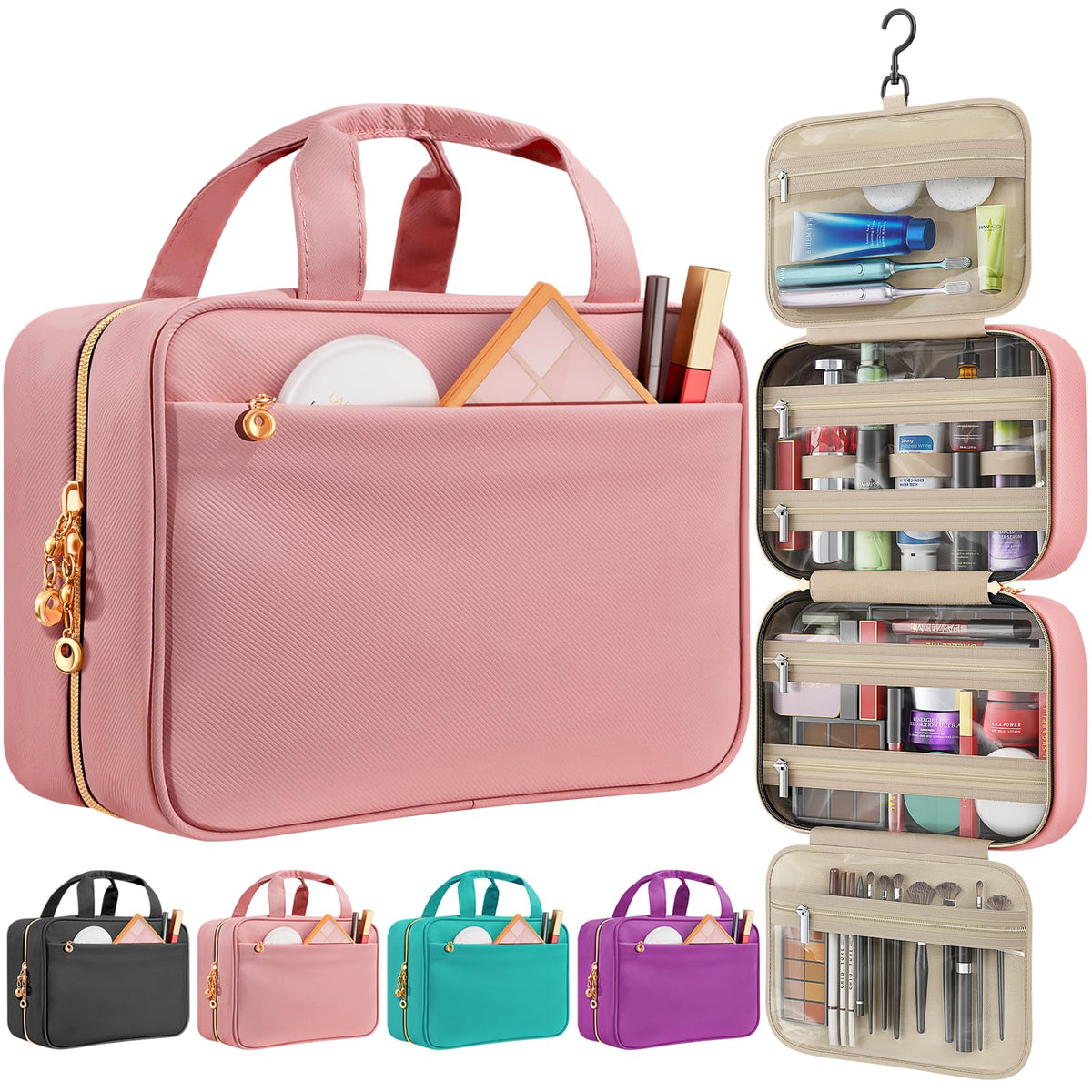 Voyree Travel Toiletry Bag hanging from a towel rack