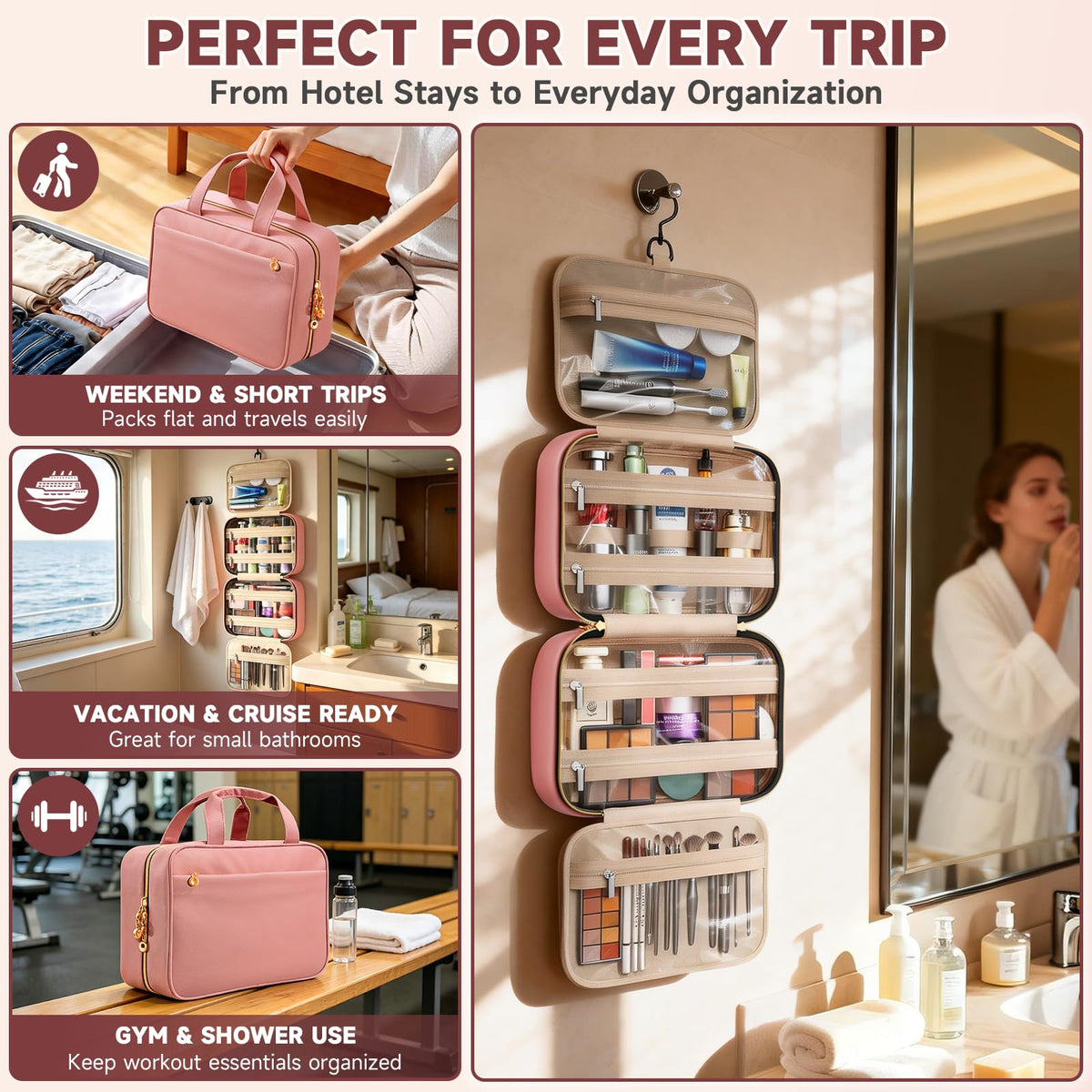 Voyree Travel Toiletry Bag in a stylish design on a bathroom counter