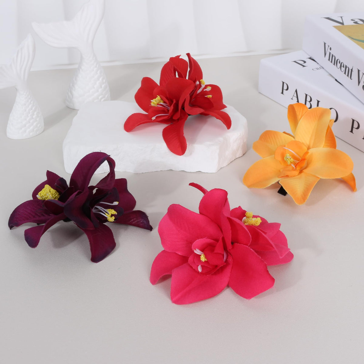 VRbeatter Hawaiian Flower Hair Clip on a model at the beach