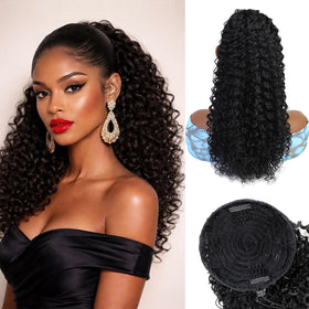 vroosar 18inch Drawstring Ponytail Extension black curly hairpiece front view