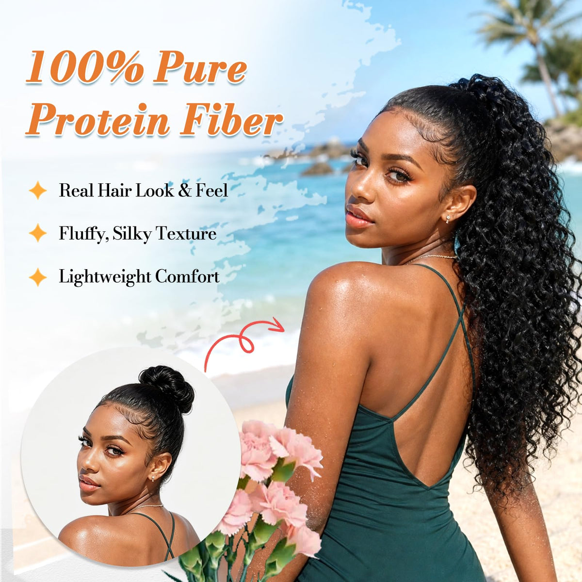 vroosar 18inch Drawstring Ponytail Extension side view with curls