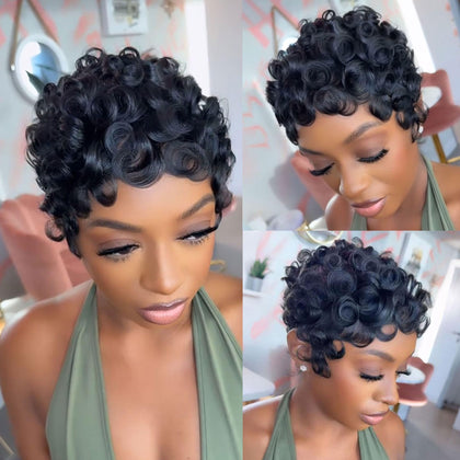 VRZ Pixie Cut Short Human Hair Wig front view in colour 1B#L28FH