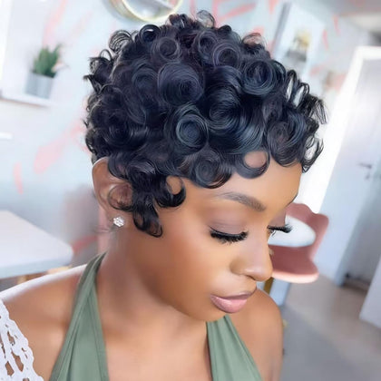 VRZ Pixie Cut Wig human hair black model front view