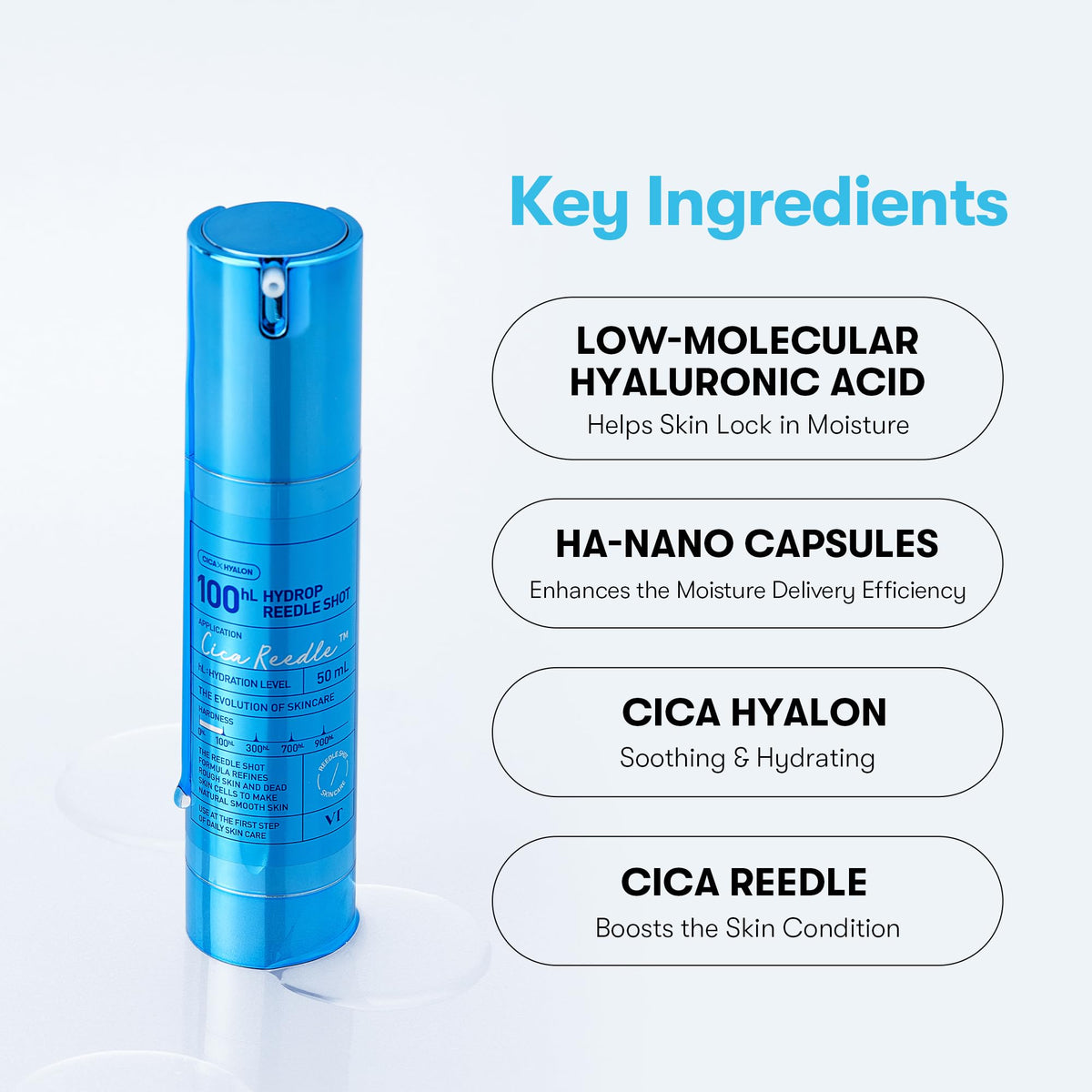 VT COSMETICS Hydrop Reedle Shot 100 Serum 50ml on a skincare shelf