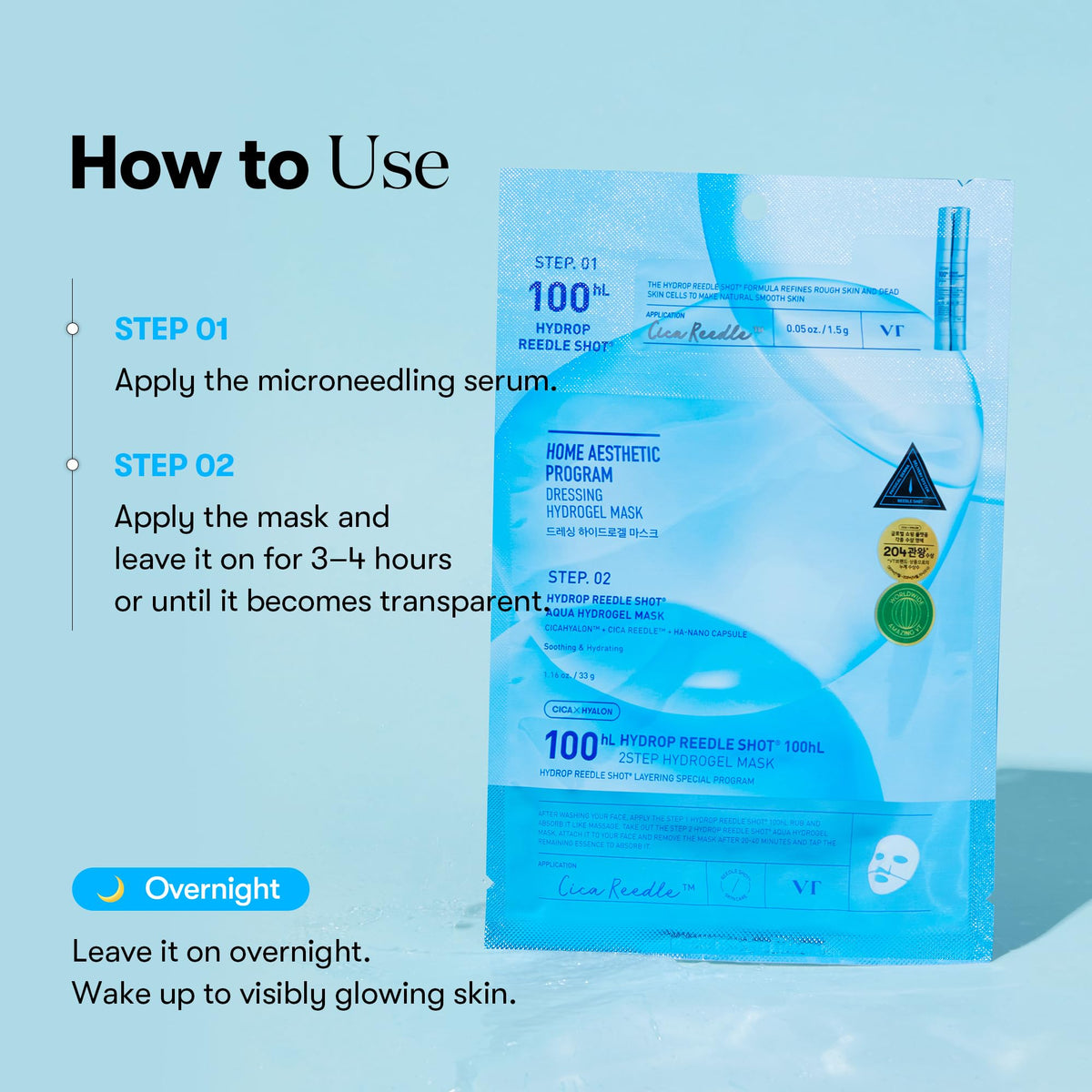VT COSMETICS Hydrop Reedle Shot Hydrogel Mask in use with skincare products