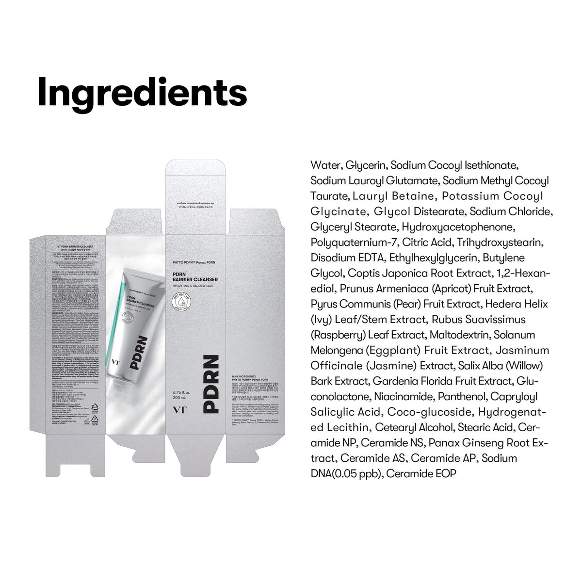 VT COSMETICS PDRN Barrier Cleanser showing product size comparison
