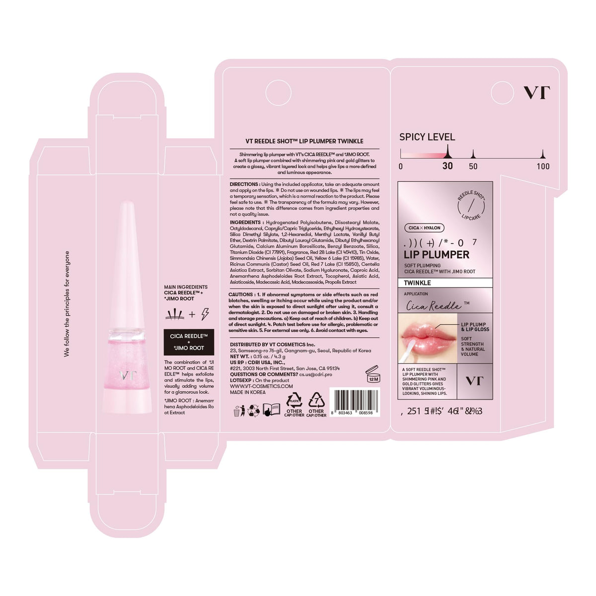 VT COSMETICS Reedle Shot Lip Plumper with glitter finish on lips