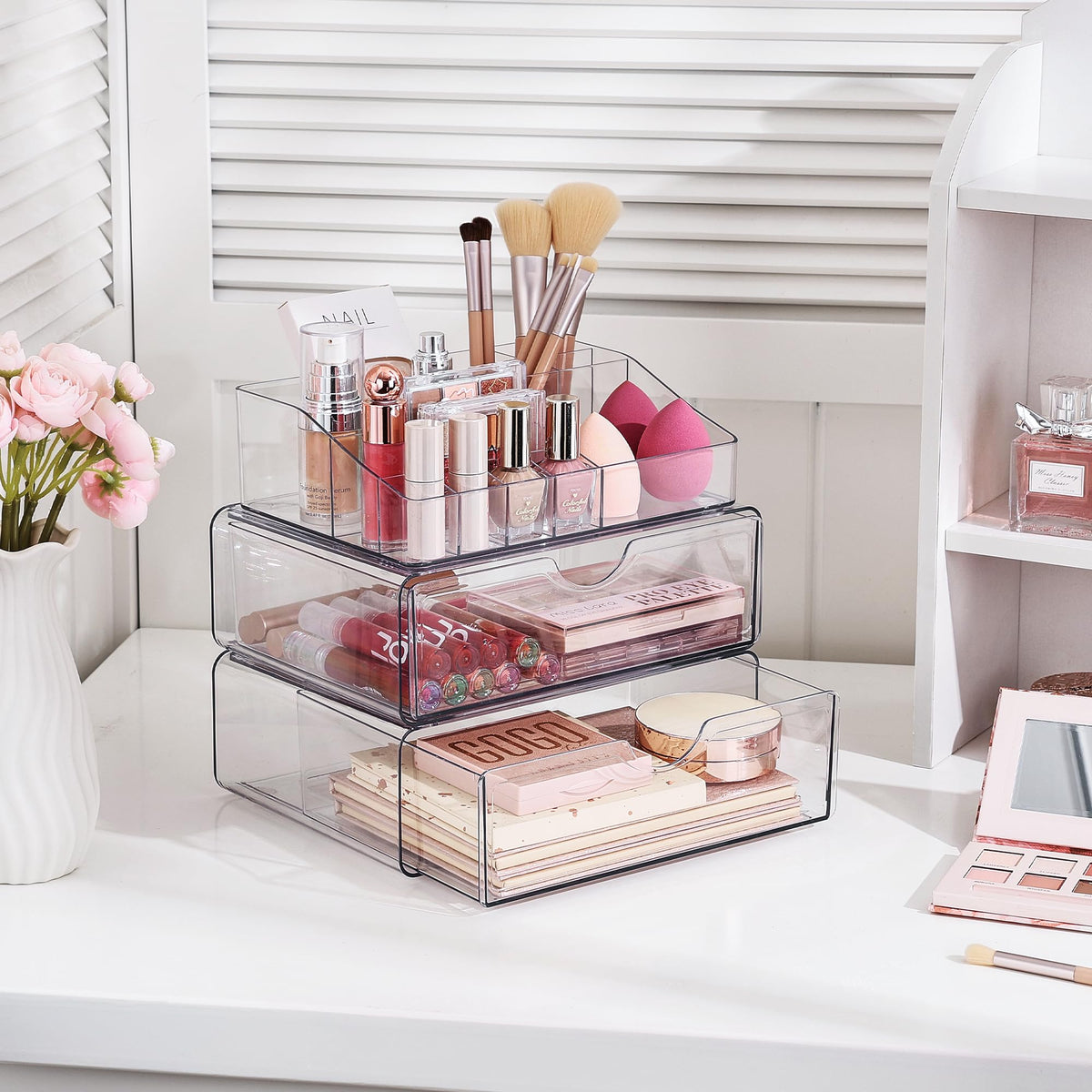 Vtopmart 3 Tier Clear Makeup Organizer close-up of drawer compartments
