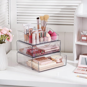 Vtopmart 3 Tier Clear Makeup Organizer close-up of drawer compartments