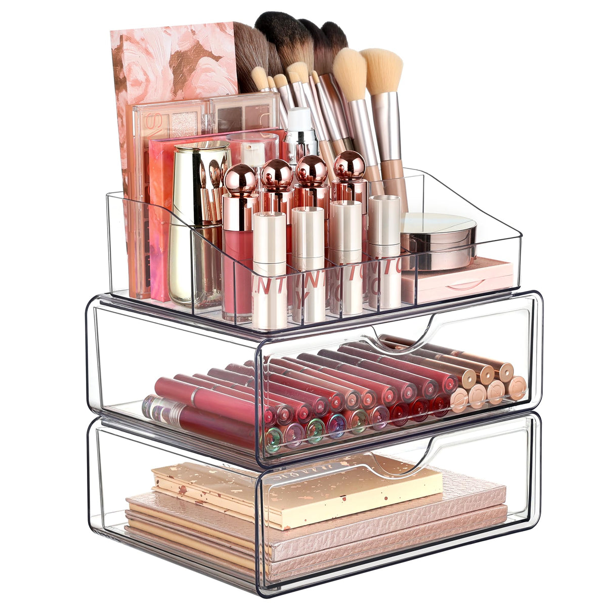 Vtopmart 3 Tier Clear Makeup Organizer front view with drawers