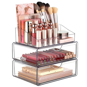 Vtopmart 3 Tier Clear Makeup Organizer front view with drawers