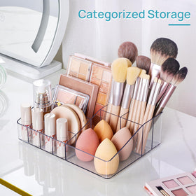 Vtopmart 3 Tier Clear Makeup Organizer on a bathroom vanity