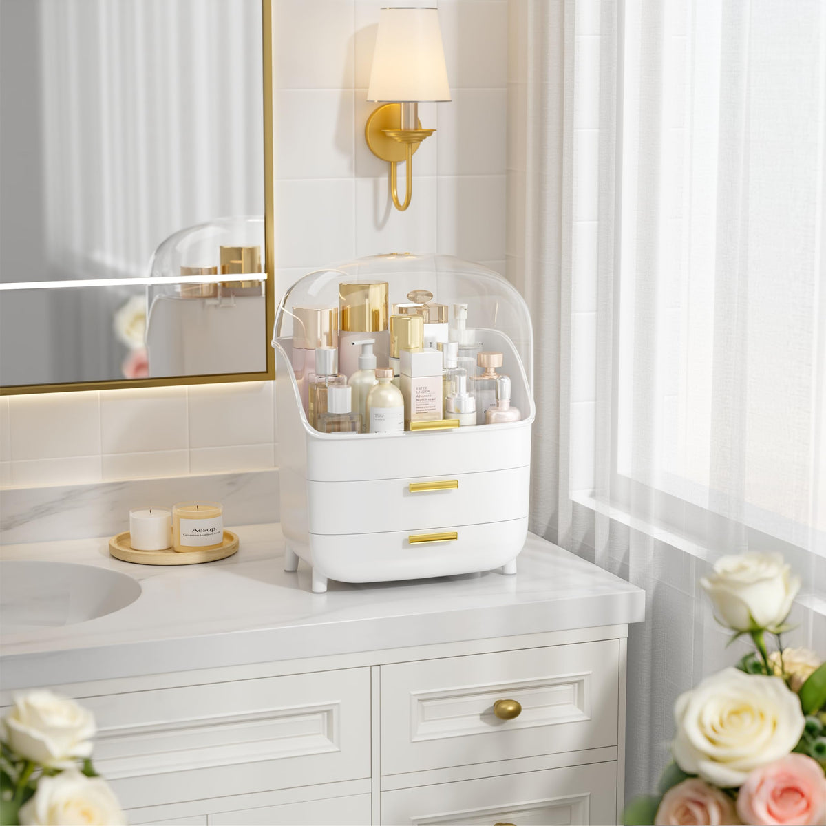 Vtopmart 3-Tier Skincare Makeup Organizer with skincare products