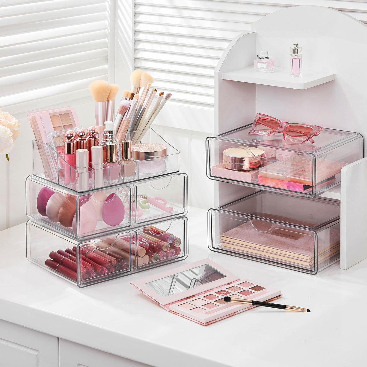 Vtopmart 5 Tier Clear Makeup Organizer in a stylish bedroom setting