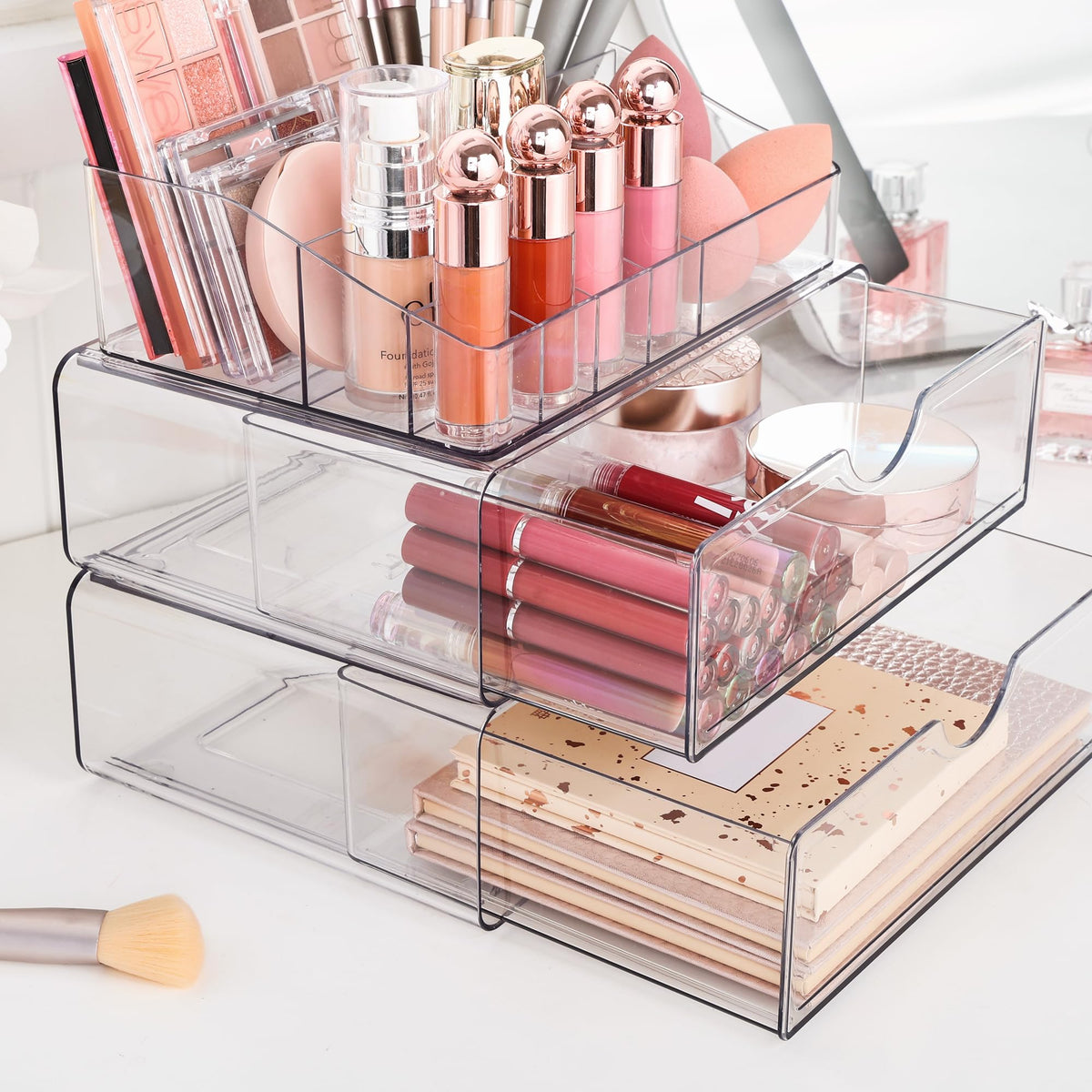 Vtopmart 5 Tier Clear Makeup Organizer on bathroom vanity with cosmetics