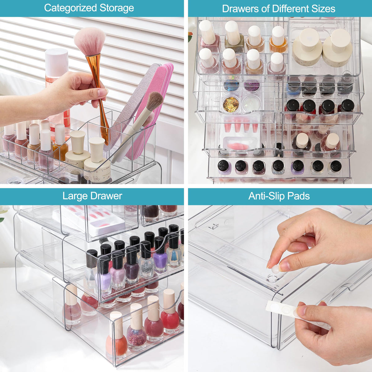 Vtopmart 5 Tier Clear Makeup Organizer side view with products inside