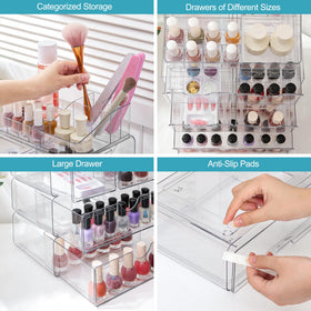 Vtopmart 5 Tier Clear Makeup Organizer side view with products inside