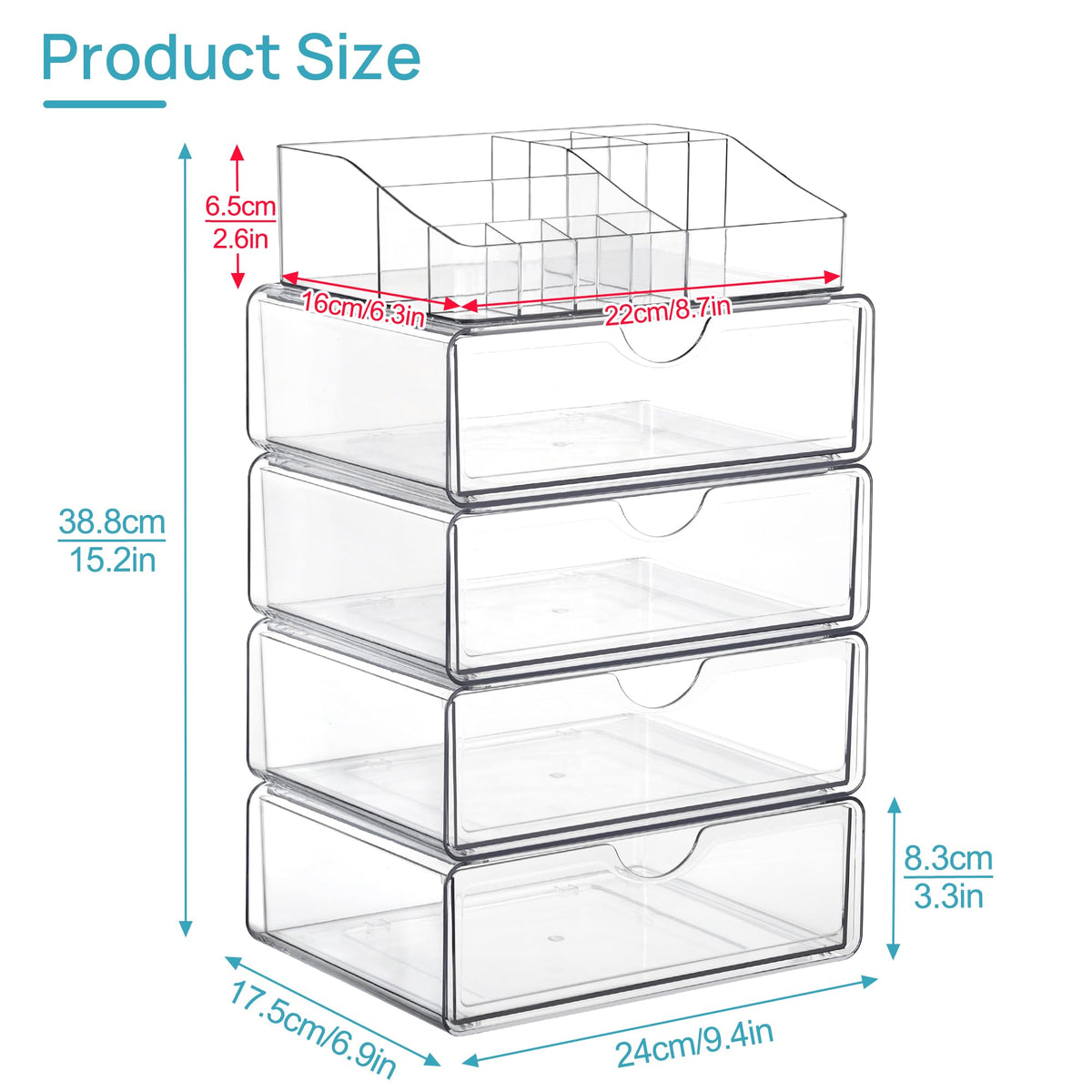 Vtopmart 5 Tier Clear Makeup Organizer top view showing layout of compartments