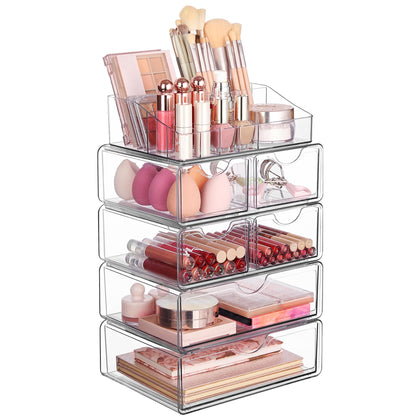Vtopmart 5 Tier Clear Makeup Organizer with 6 drawers front view
