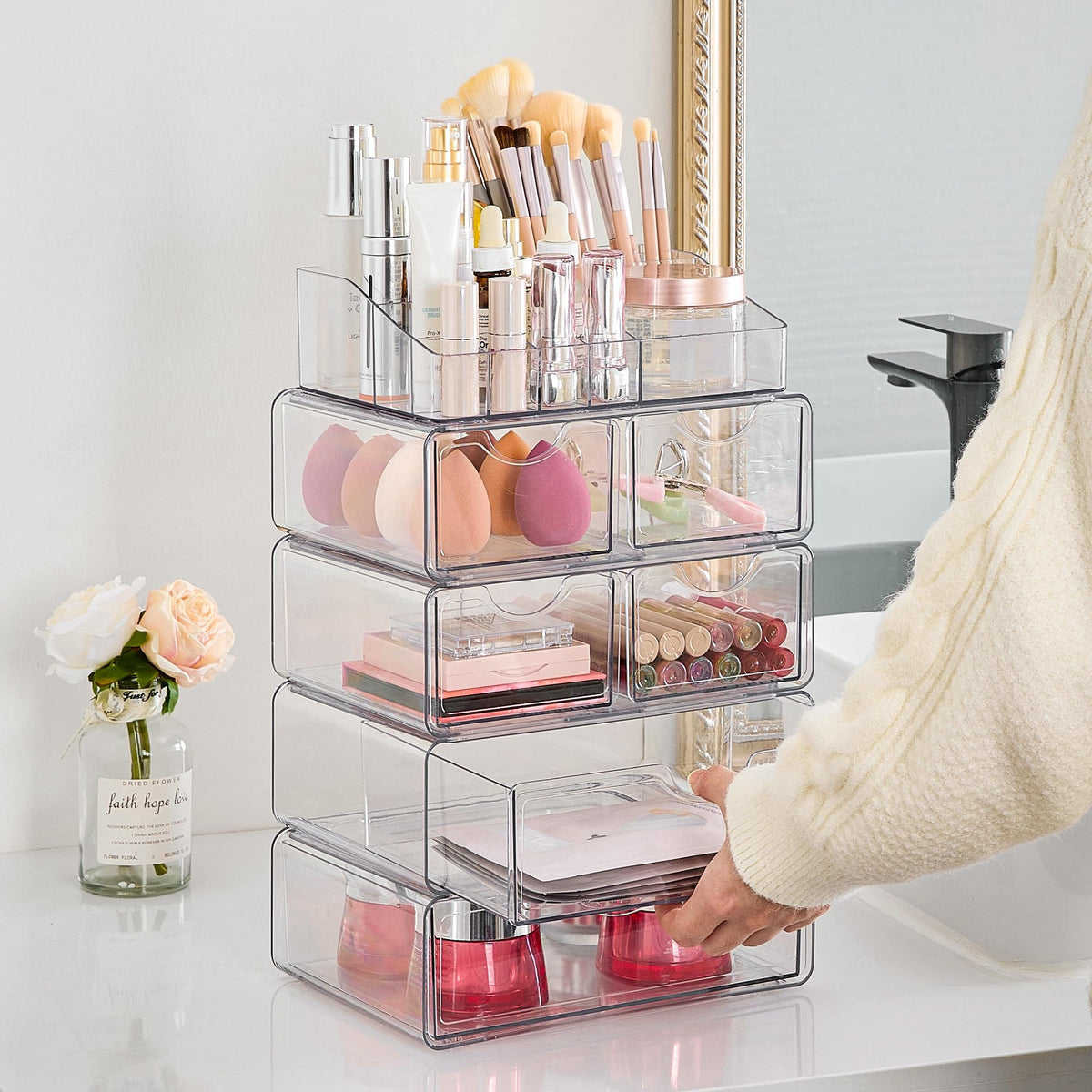 Vtopmart makeup organizer displaying various beauty products inside