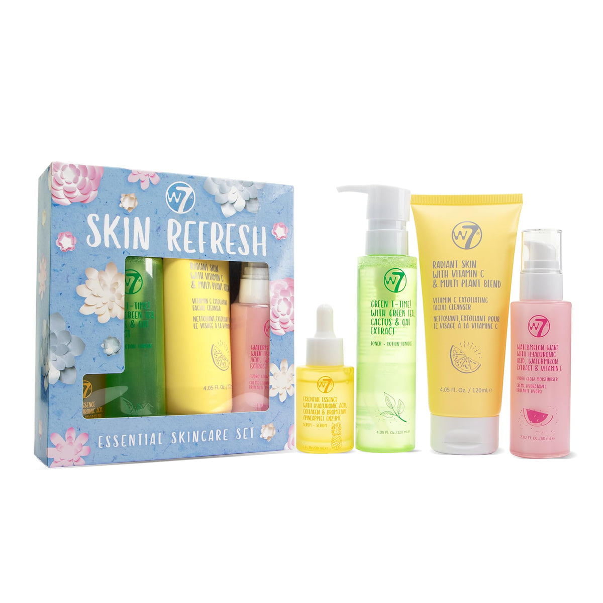 W7 Skin Refresh Skincare Set front view with four full-size products