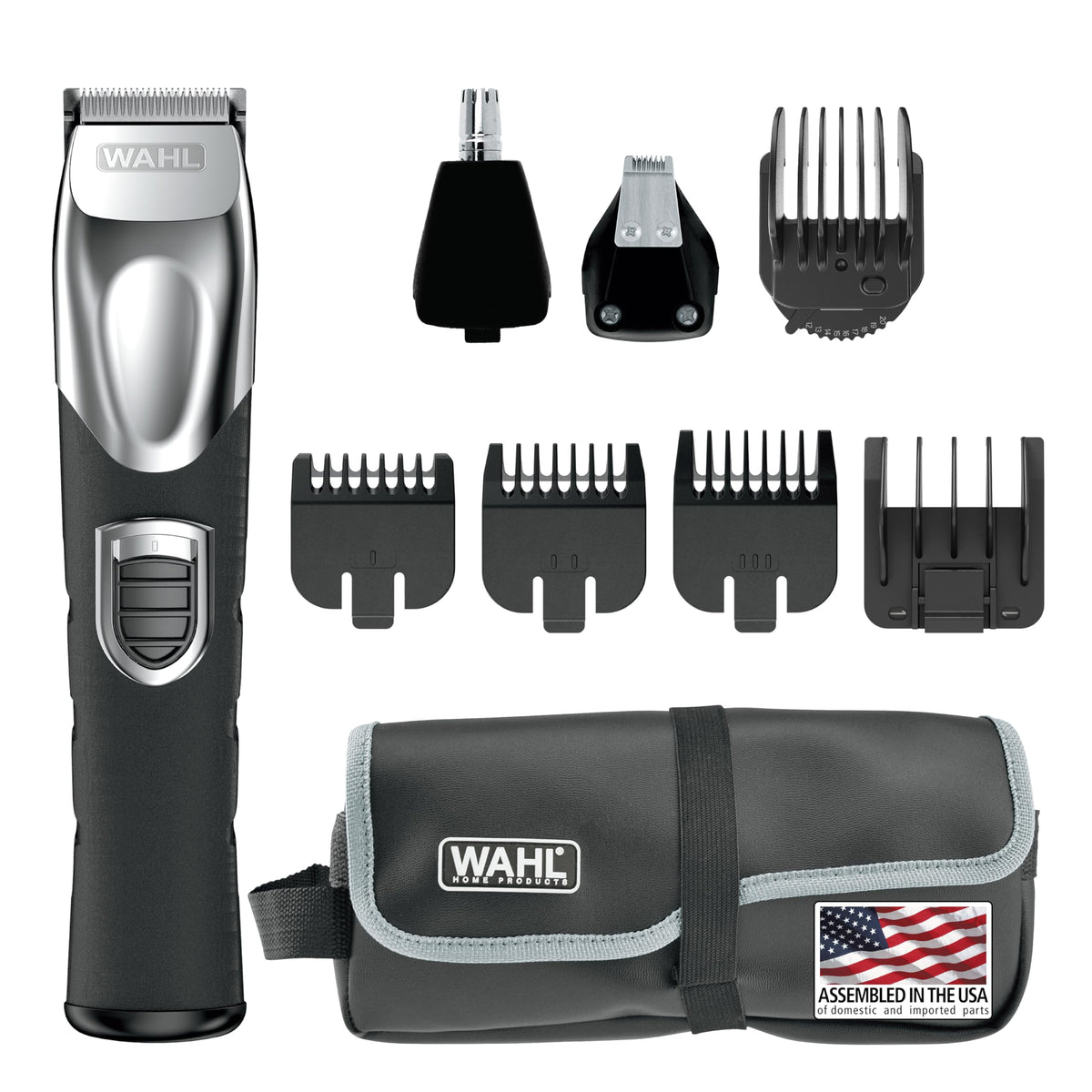 Wahl Beard Trimmer front view with multiple attachments