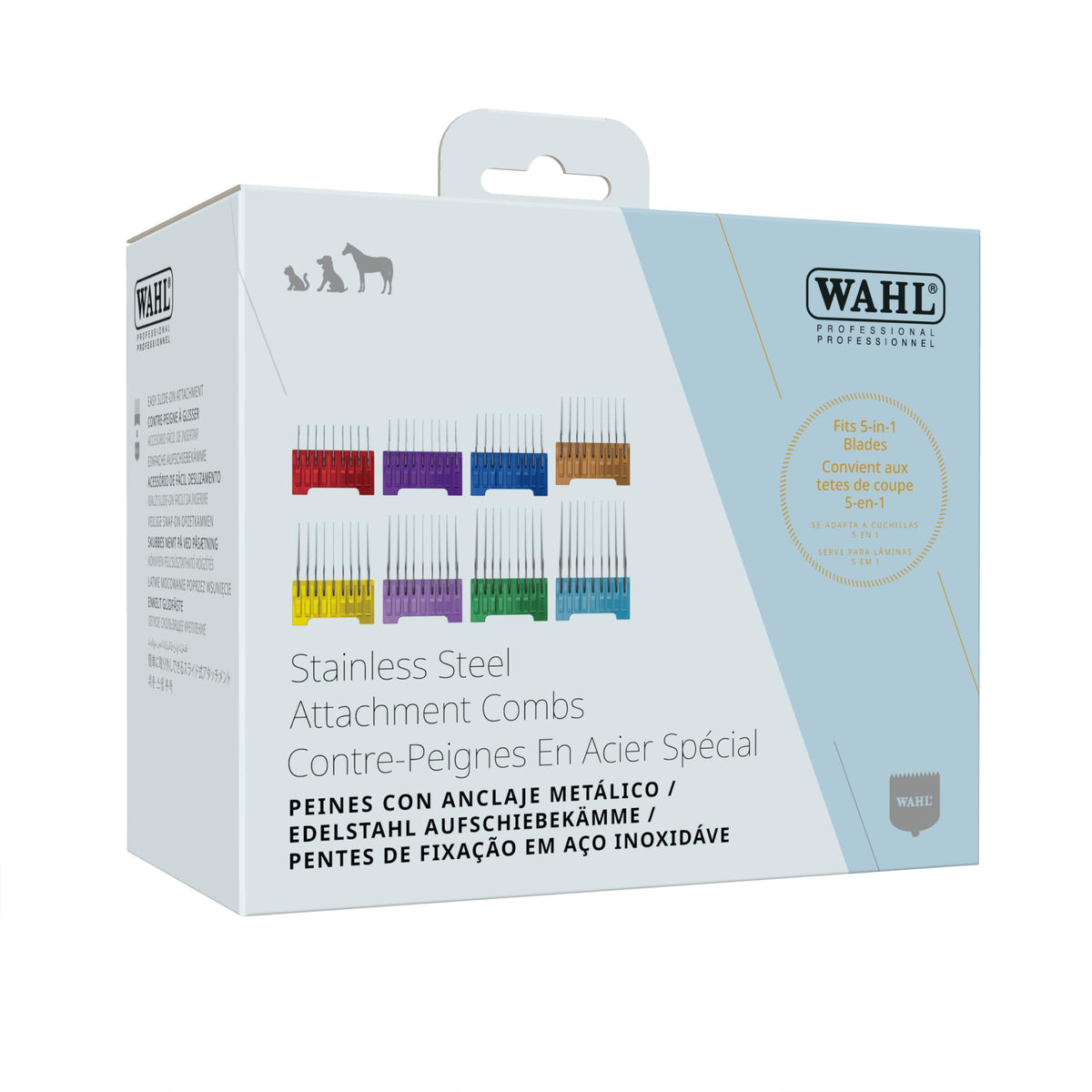 Wahl Pro 5-in-1 comb set displayed with clippers