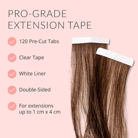 Walker Tape Beautify Ultra Hold Hair Extension Tabs displayed with hair extensions