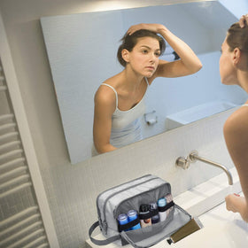 WANDF Travel Toiletry Bag displayed on a bathroom counter