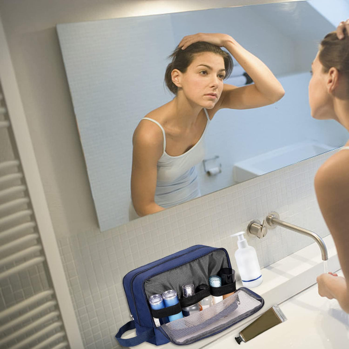 WANDF Travel Toiletry Bag in a bathroom setting