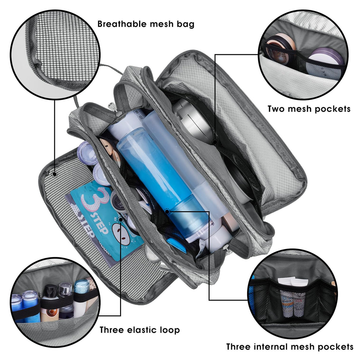WANDF Travel Toiletry Bag open with grooming essentials inside