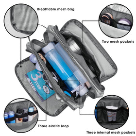 WANDF Travel Toiletry Bag open with grooming essentials inside