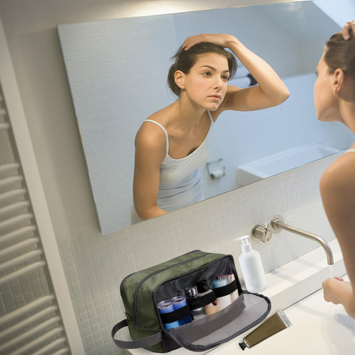 WANDF Travel Toiletry Bag with grooming essentials inside
