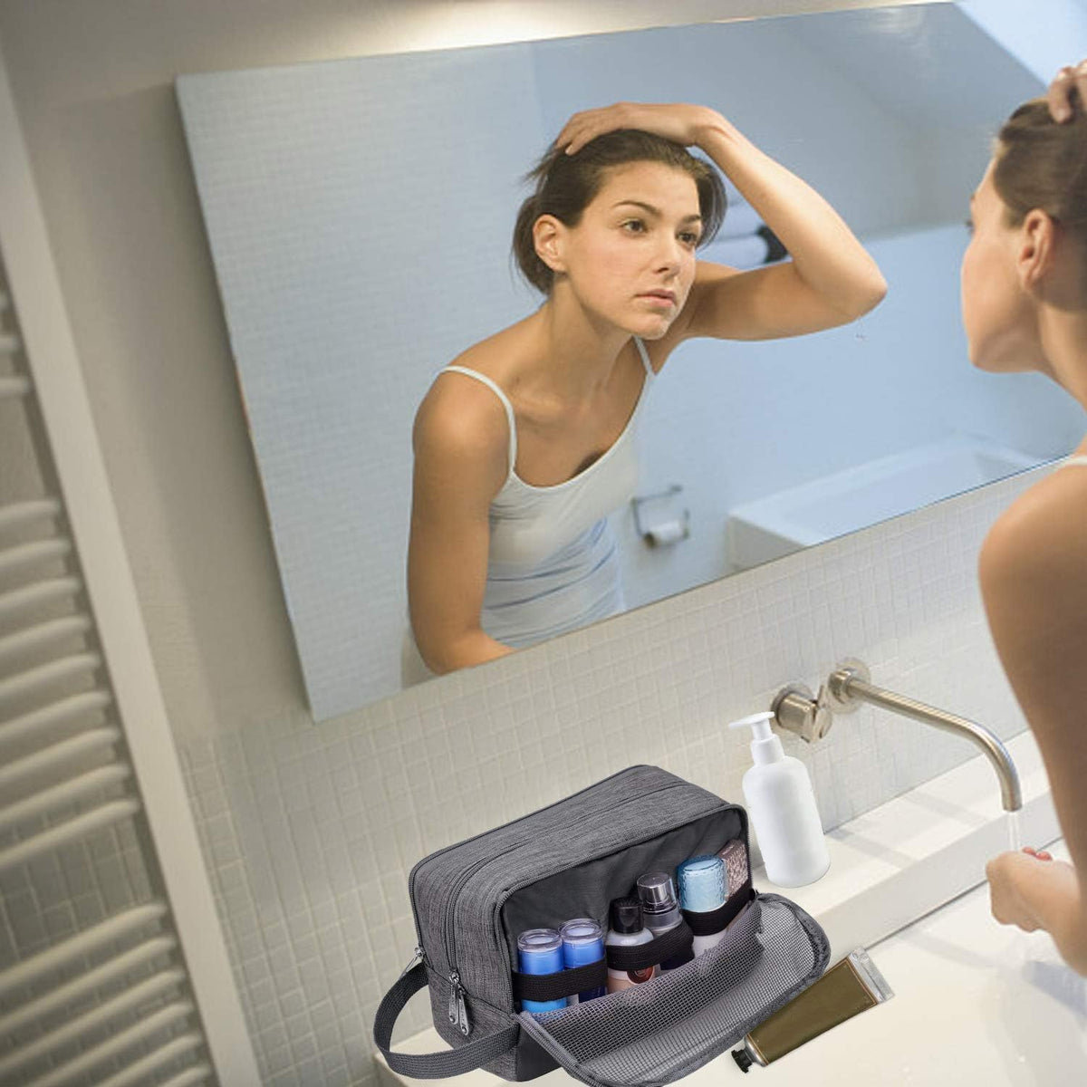 WANDF Travel Toiletry Bag with grooming essentials inside