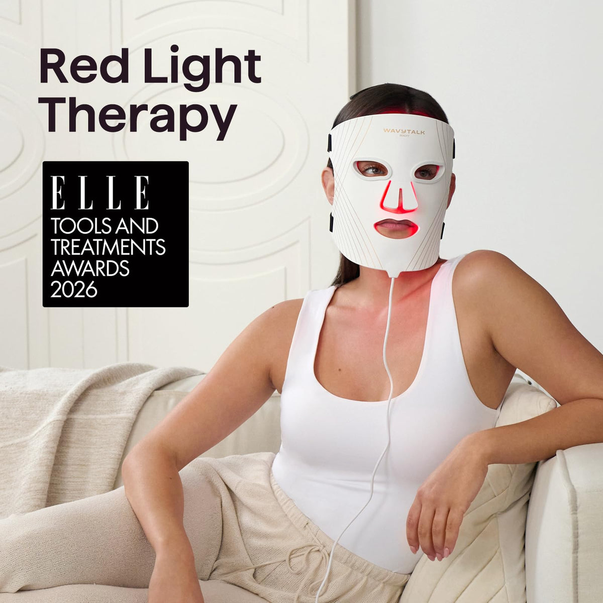 wavytalk Red Light Therapy Mask in use on a model relaxing