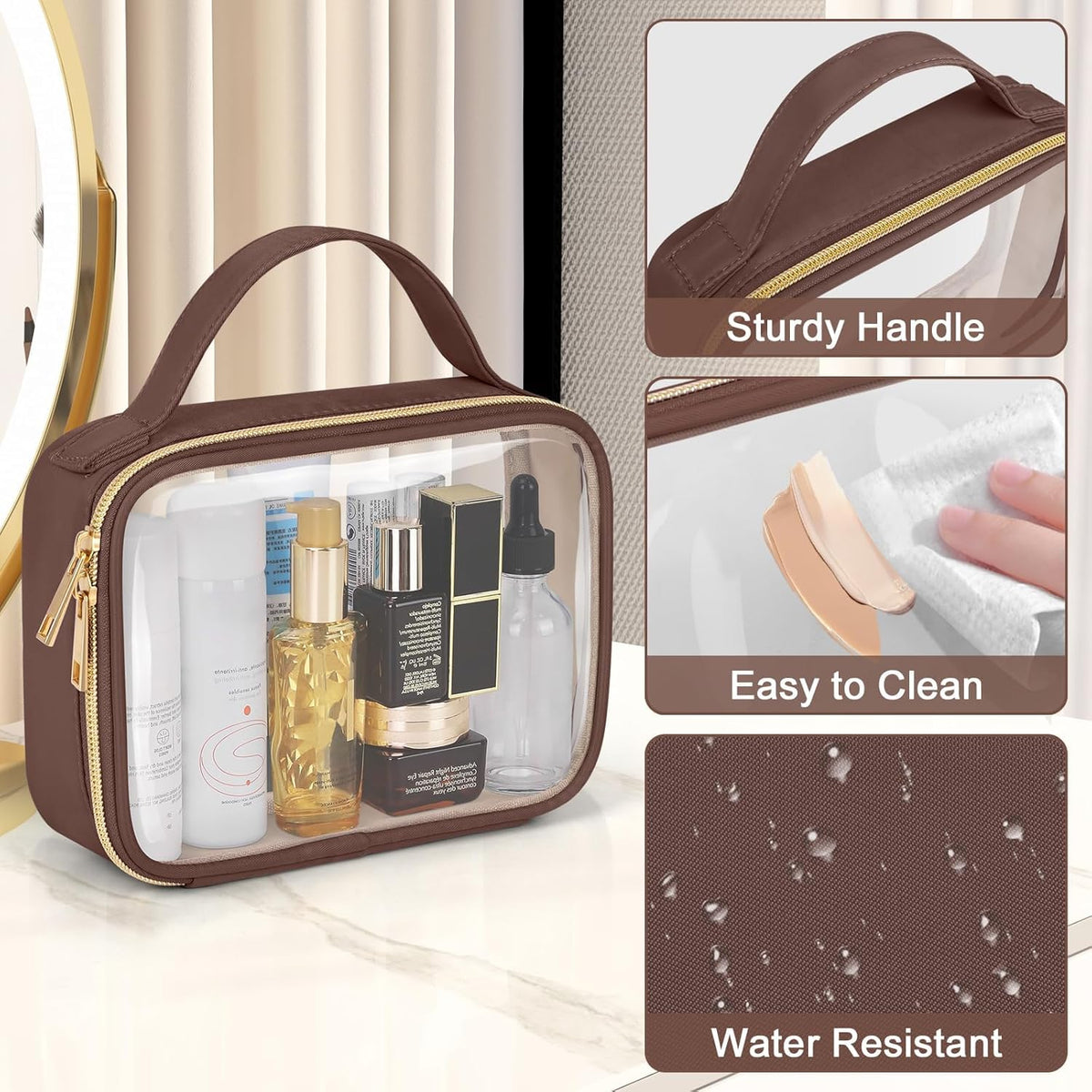 Wedama Clear Toiletry Bag filled with cosmetics and toiletries