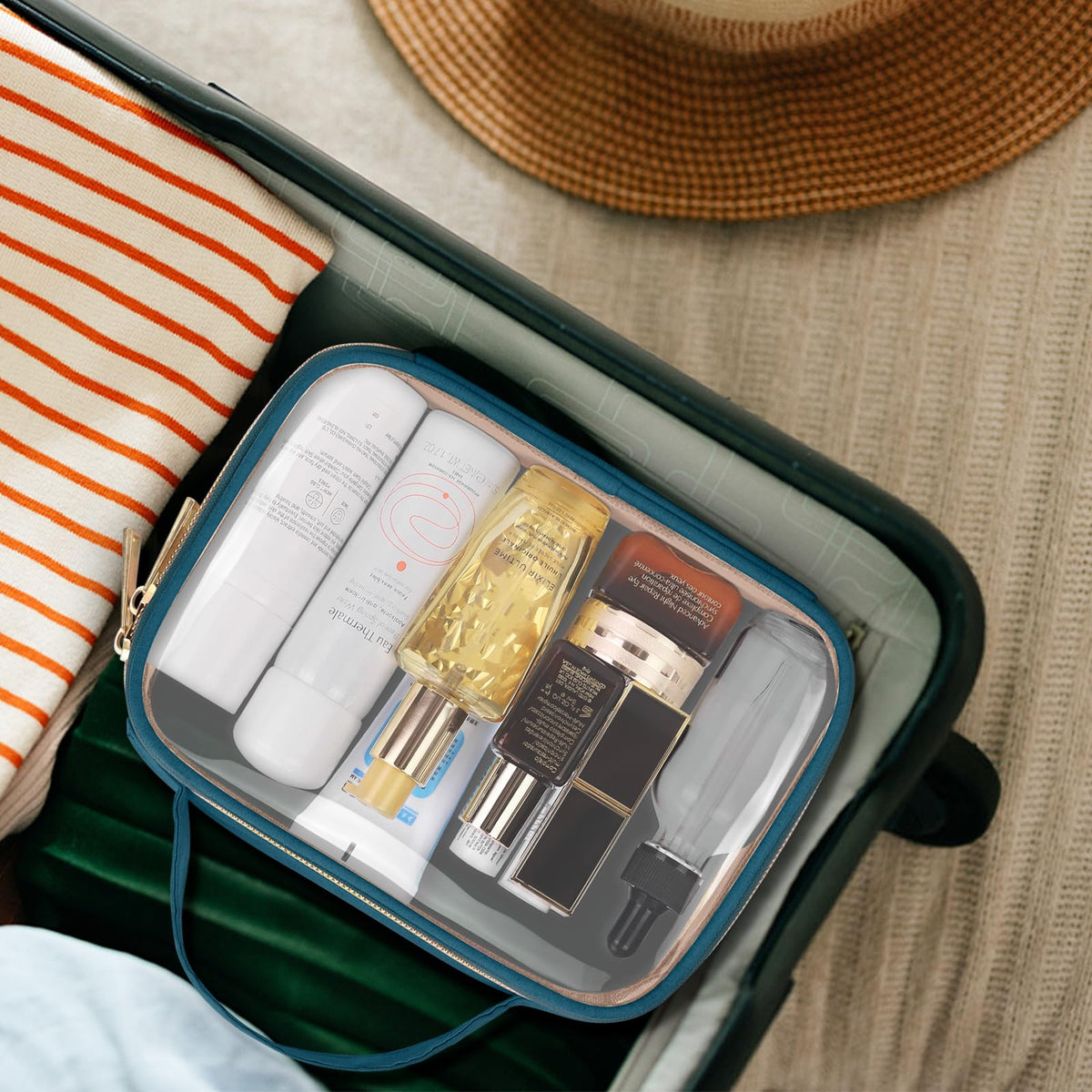 Wedama toiletry bag with various cosmetic items inside