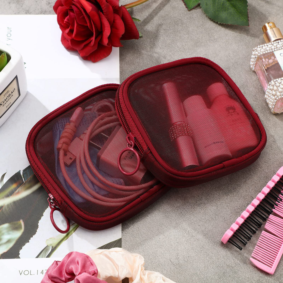 Weewooday Mesh Makeup Bag holding various cosmetics