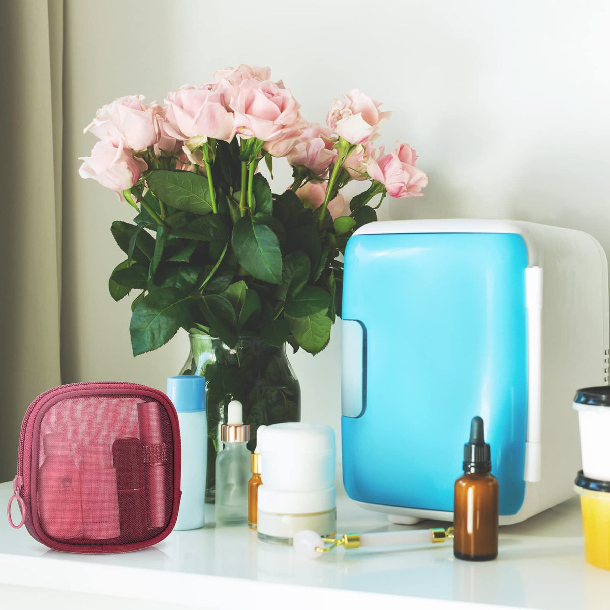 Weewooday Mesh Makeup Bag in travel setting