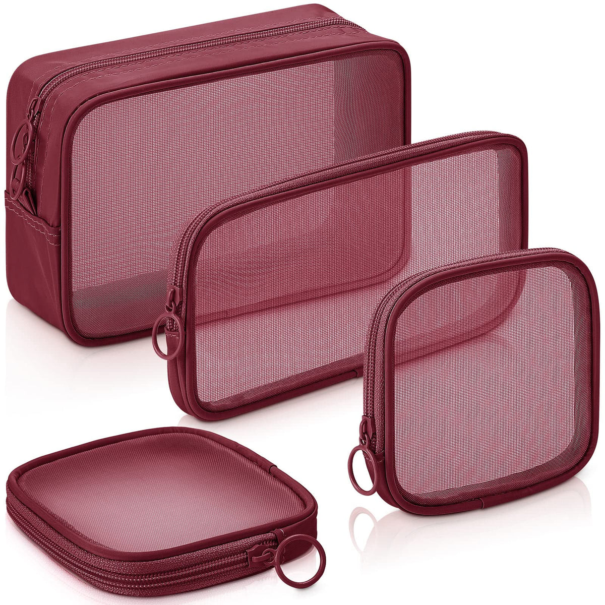 Weewooday Mesh Makeup Bag Set in wine red, front view