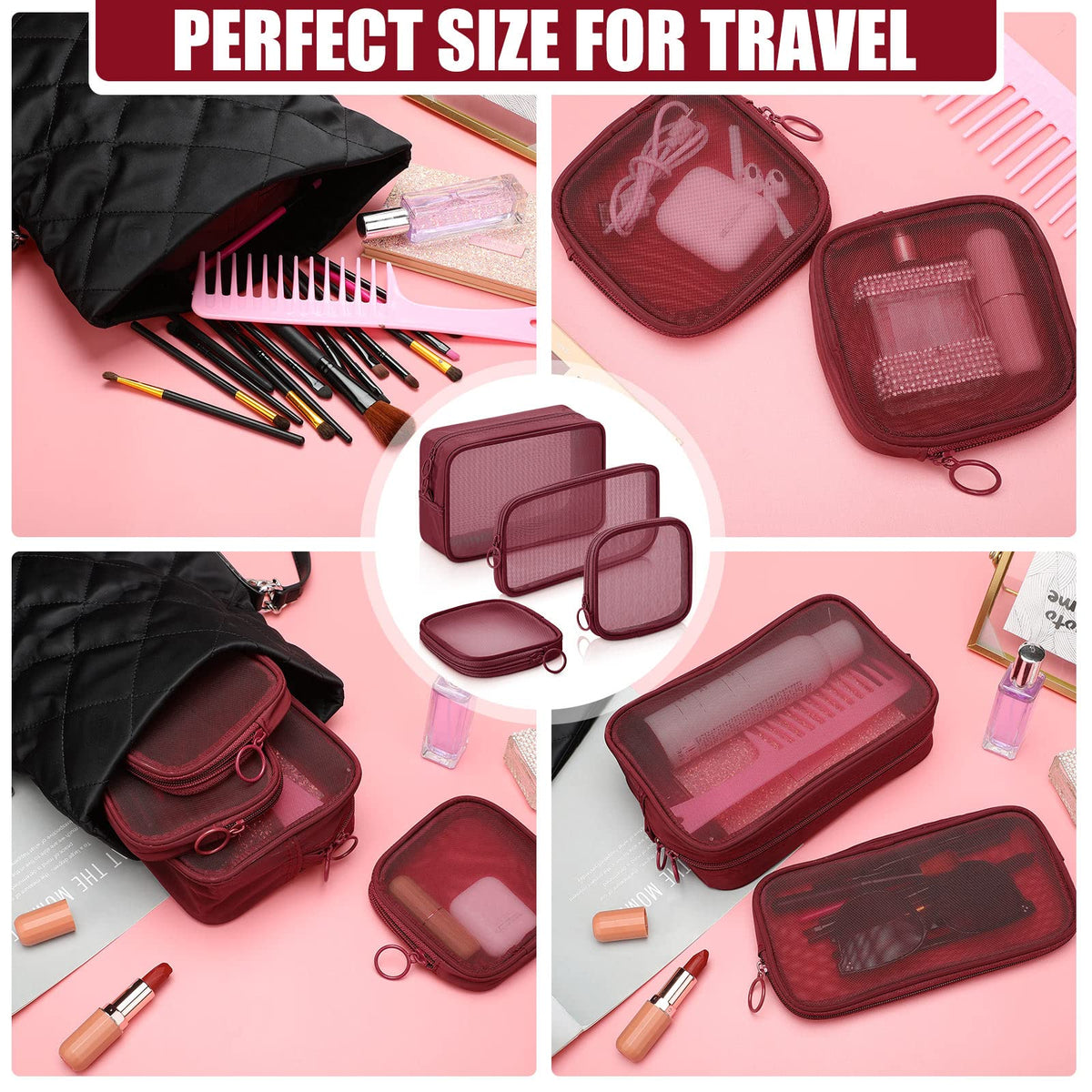 Weewooday Mesh Makeup Bag Set with cosmetics inside