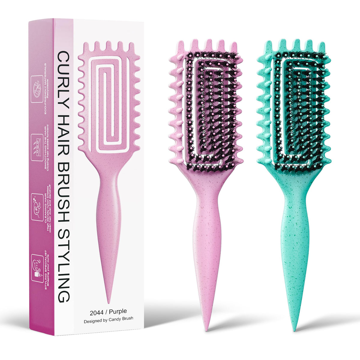 Weldilgit Curly Hair Brush front view with pink and green colours