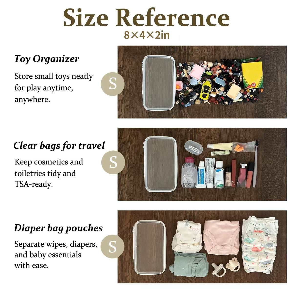 WELPIRT Clear Zipper Pouches stackable design in use